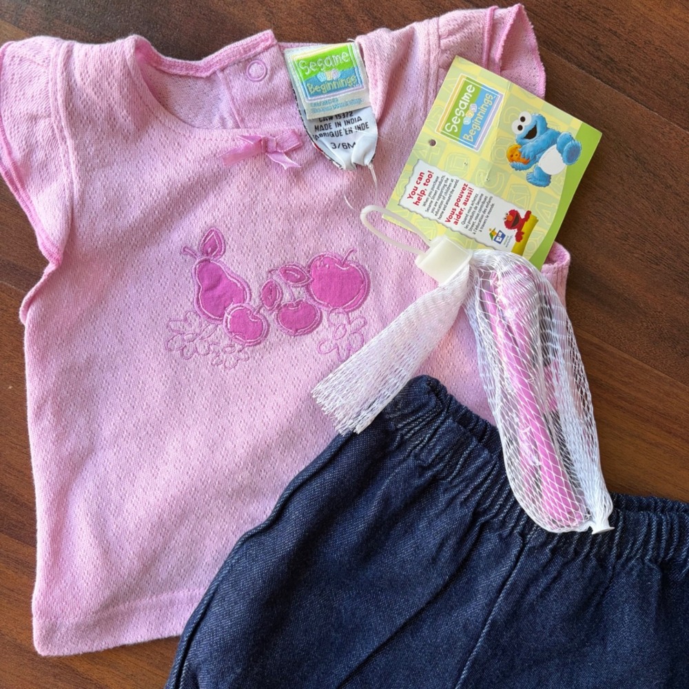 Vintage y2k Sesame Beginnings Baby Girl 2pc Pink Top Denim Bloomers Set 3-6M NWT - Picture 2 of 3